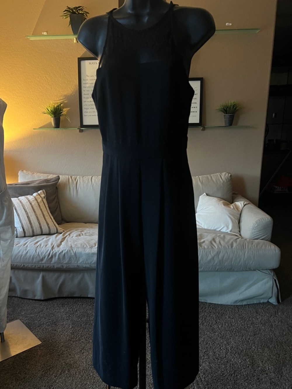 Parker Black Sleeveless Lace-Neck Wide-Leg Jumpsuit
